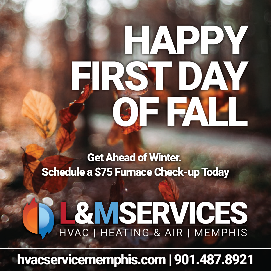 Image of L7M Services Heating & Air fall furnace inspection promotion showing leaves falling and fall colors.
